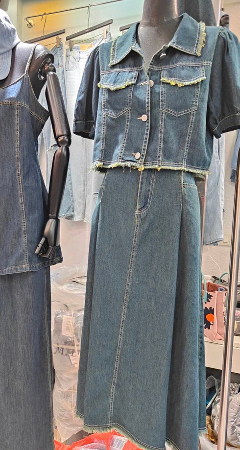 Denim Lantern Sleeves Crop Tops With Long Long Skirts Sets